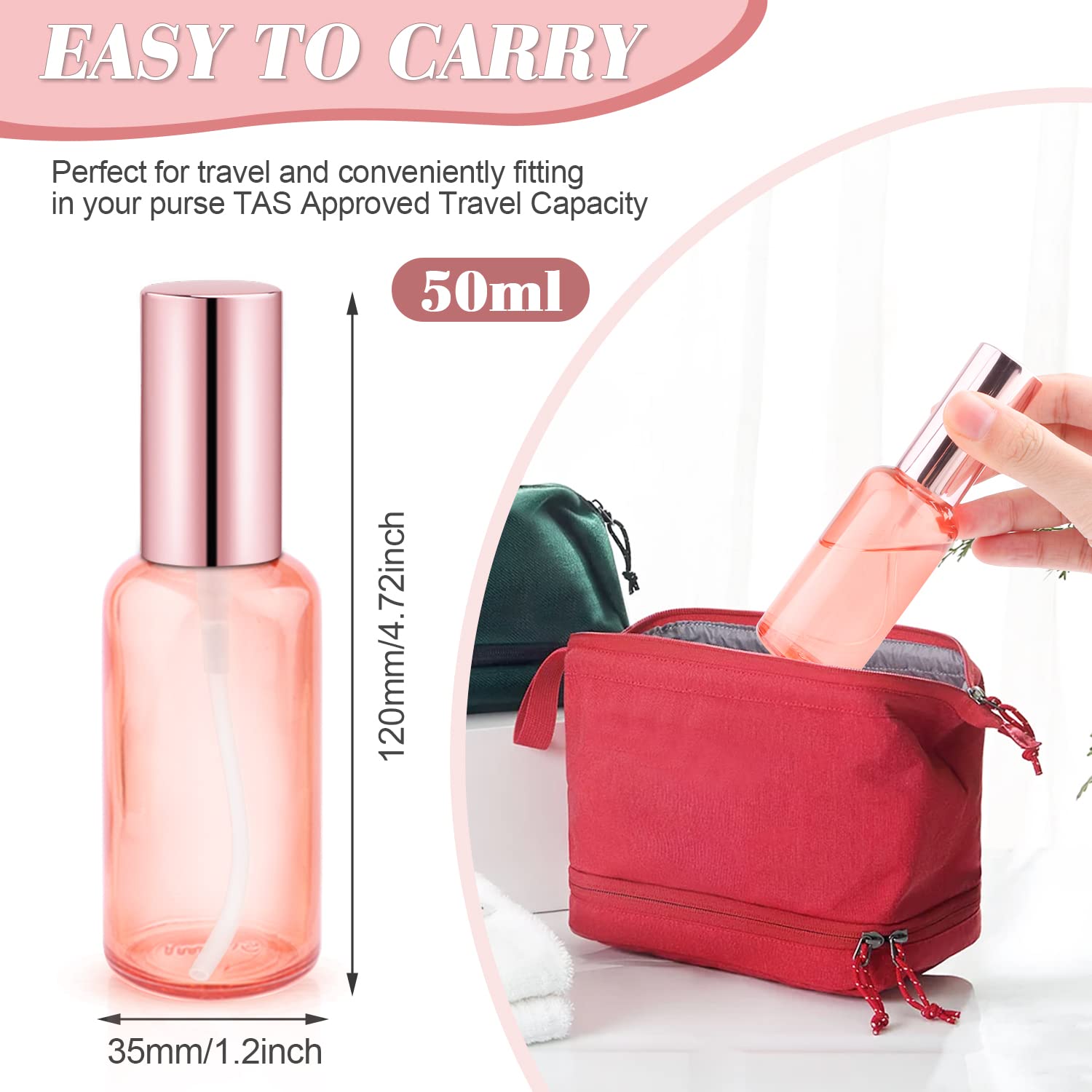 Dmuuudm 6 Pack 2 Oz Pink Glass Spray Bottles,Empty Perfume Fine Mist Atomizer,Rose-Golden Pump Head Travel Liquid Holder Contain